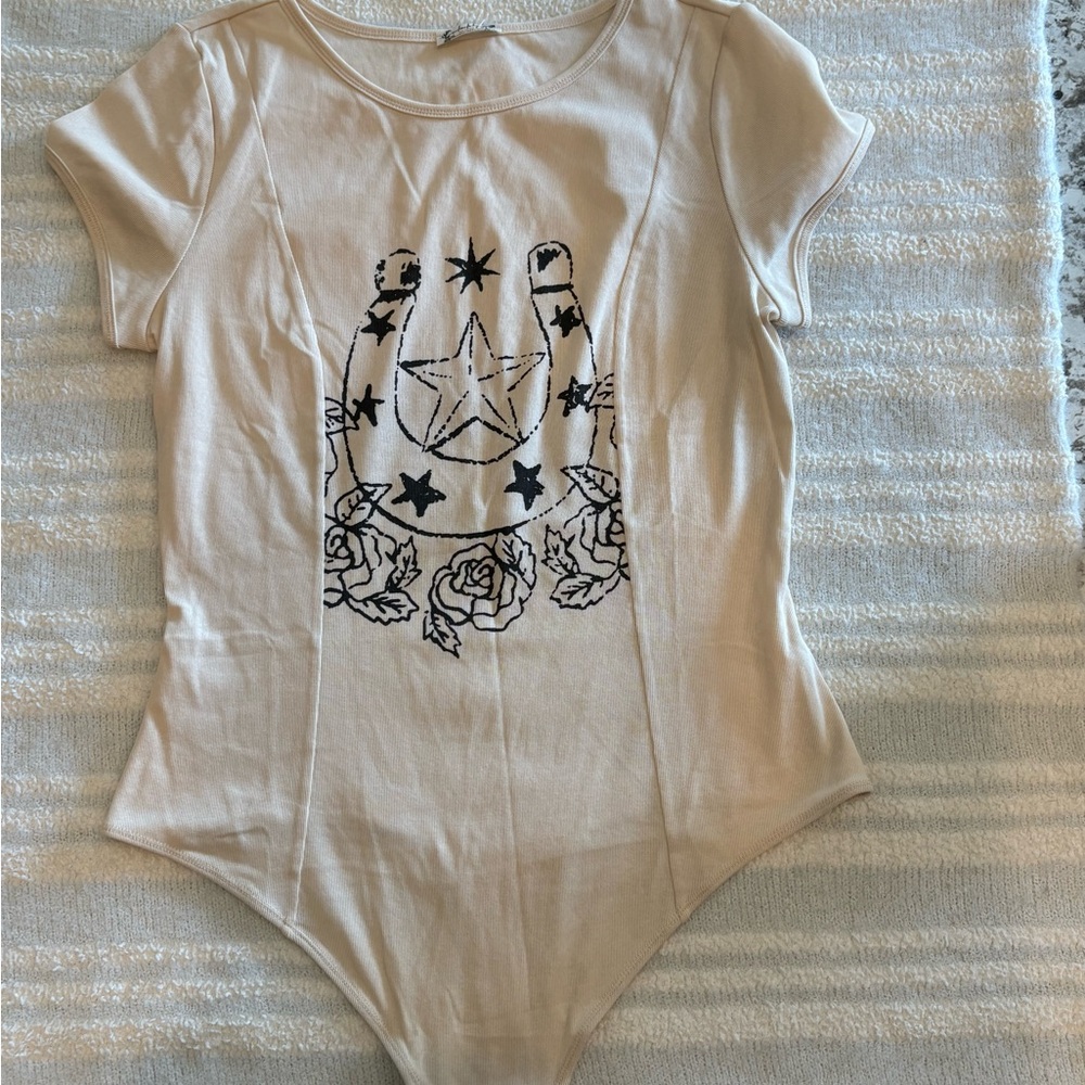 Free People Ivory Bodysuit with Black Star and Rose Accents